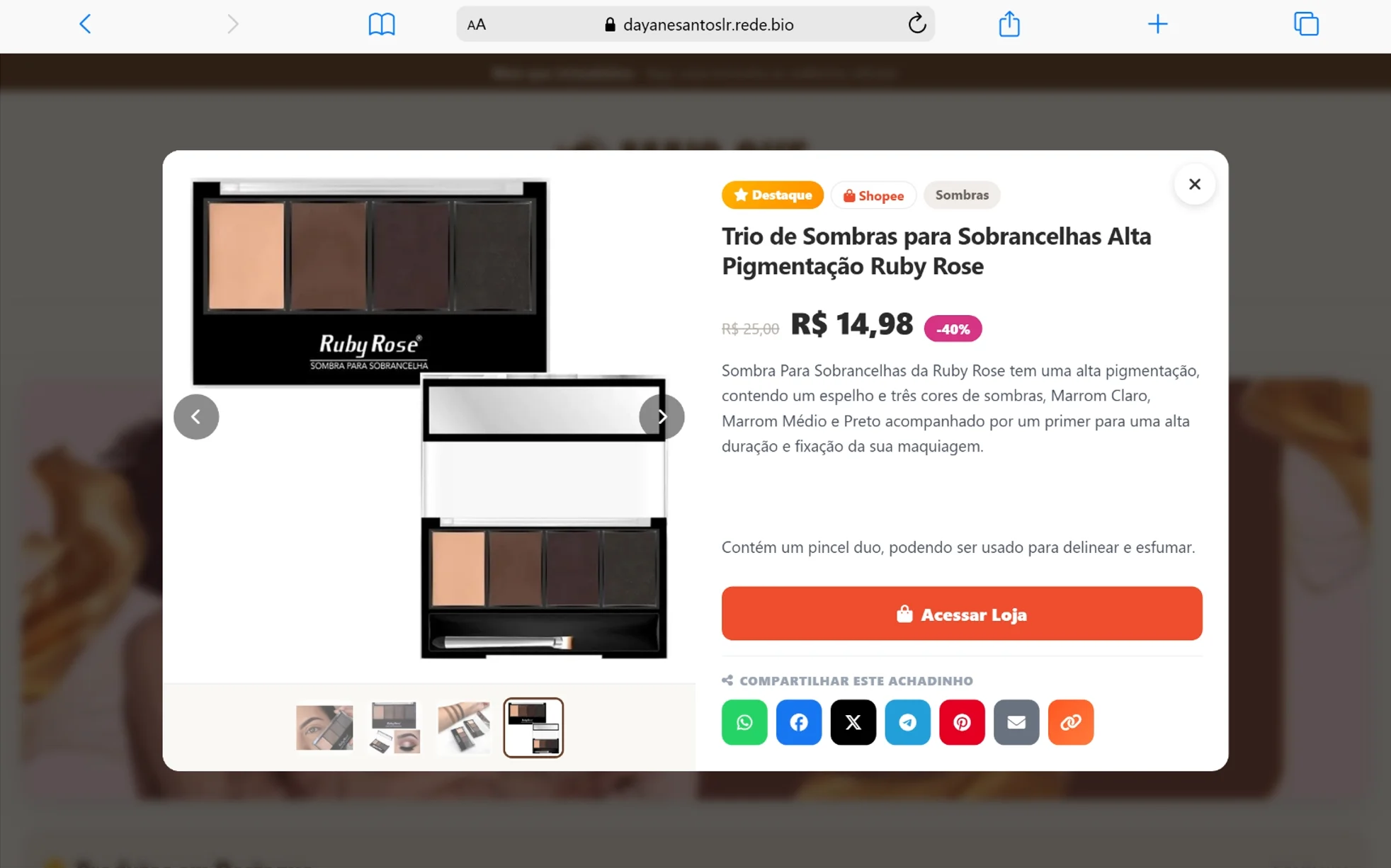 Modal de produto com galeria e vídeo