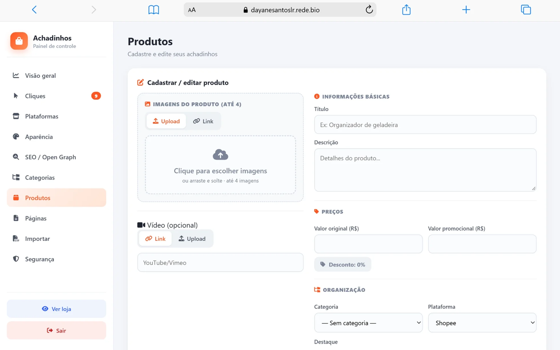 Painel administrativo - Cadastro de produtos